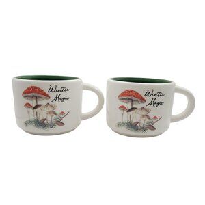 Mushroom Coffee Cups Set Of 2 Ceramic "Winter Magic" Cottage Core Green Interior